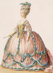 「Galeries des Modes et Costumes Francais」c.1778-87からDenyが刻印した王室の婦人用ガウン